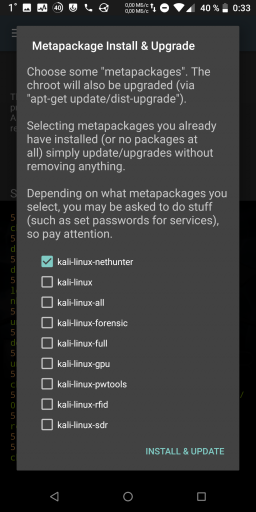 Выбор метапакетов для установки в Nethunter